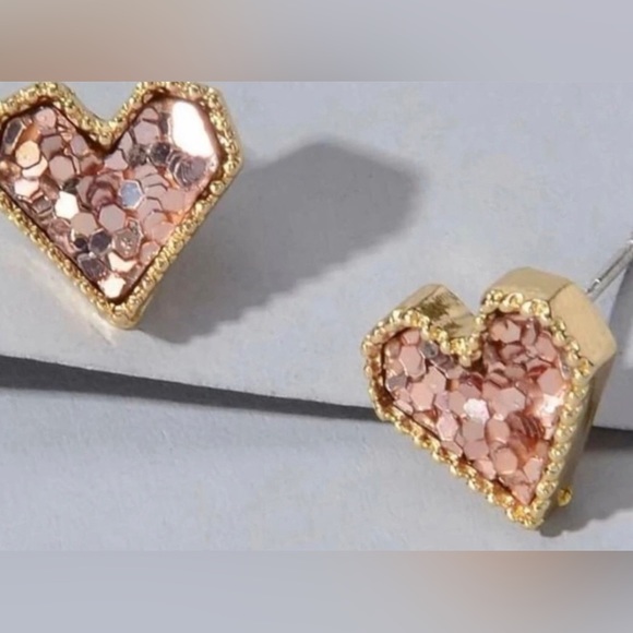 “Pink Sequin Heart” Dainty Tiny Mini Gold Love Valentines Sparkly Romance Studs - Picture 6 of 6